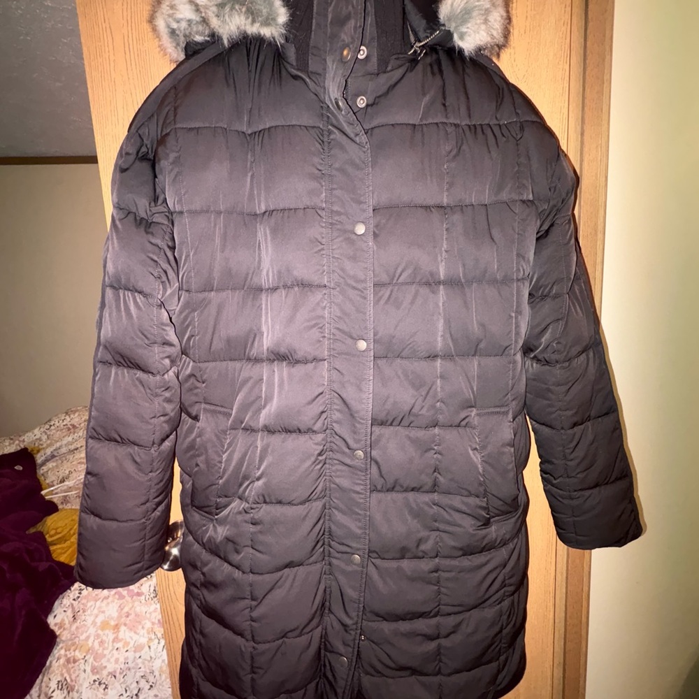 Fat Face Charcoal Puffer Jacket with Faux Fur Trim